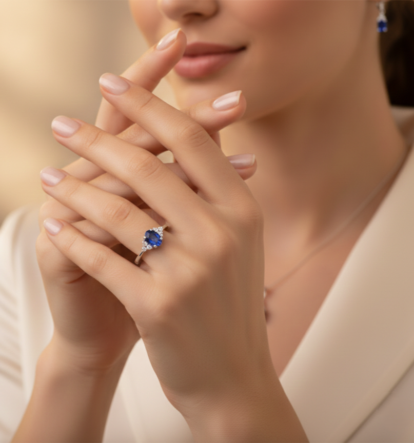 Bague diamant et saphir ovale en or blanc 333 8 carats