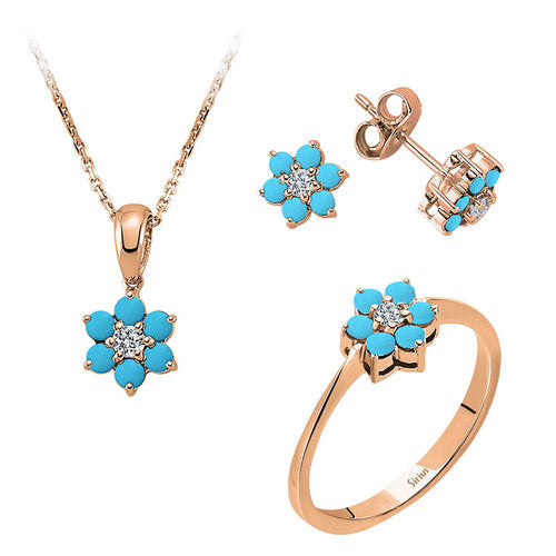 Diamant und Türkis Schmuckset in 333er 8 Karat Rosegold/Rotgold – handgefertigter Diamantschmuck aus Feingold | Sirius Diamant