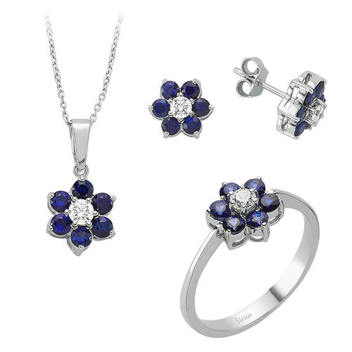 Diamant und Saphir Gänseblümchen Schmuckset in 8 K Weißgold – handgefertigter Diamantschmuck aus Feingold | Sirius Diamant