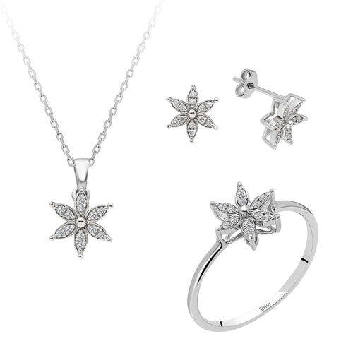 Diamond crocus flower jewelry set in 14 carat white gold.