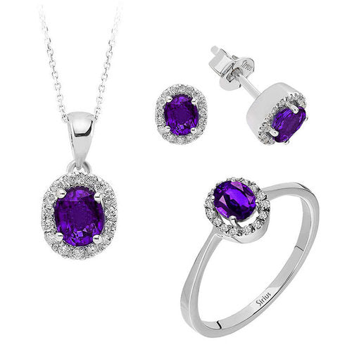 Diamond and oval amethyst jewelry set in 333 8K white gold