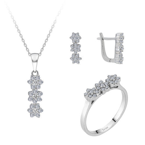 Diamant Tria Effekt Gänseblümchen Schmuckset in 8 K Weißgold - handgefertigter Diamantschmuck aus Feingold | Sirius Diamant