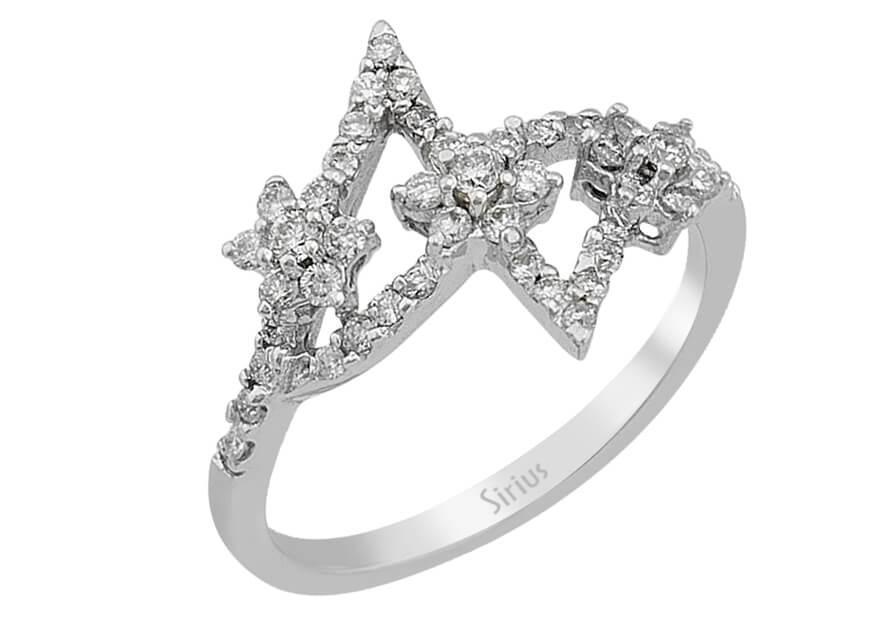 Diamond Three Flower Ring in 14 K White Gold