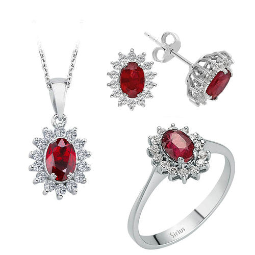 Diamant und Oval Schliff Rubin Schmuckset in 585er 14 Karat Weißgold - handgefertigter Diamantschmuck aus Feingold | Sirius Diamant