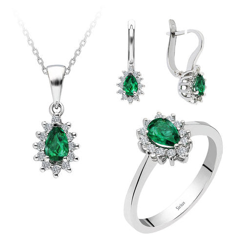 Diamant und Tropfen Smaragd Schmuckset in 333er 8 Karat Weissgold – handgefertigter Diamantschmuck aus Feingold | Sirius Diamant