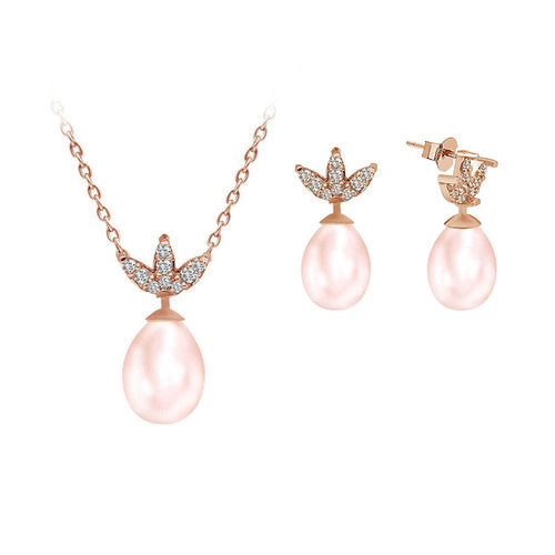Marquise Effekt Diamant und Rosa Perle Schmuckset in 585er 14 Karat Rotgold/Rosegold – handgefertigter Diamantschmuck aus Feingold | Sirius Diamant