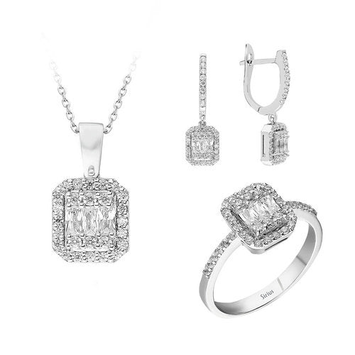E Farbe Baguette Diamant Schmuckset in 585er 14 Karat Weißgold – handgefertigter Diamantschmuck aus Feingold | Sirius Diamant