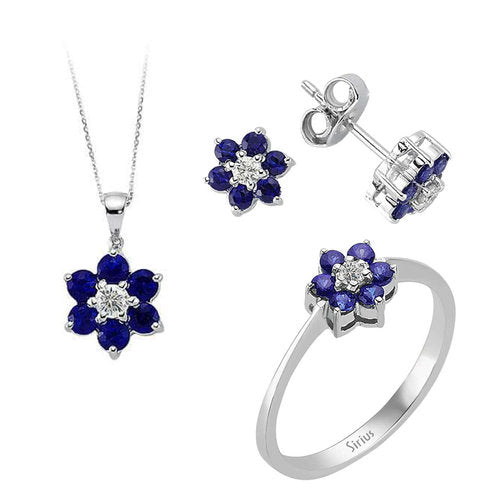 Diamond and sapphire daisy jewelry set in 333 8 K white gold