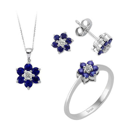 Diamond and sapphire daisy jewelry set in 333 8 K white gold