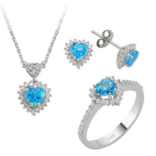 Diamond and heart cut blue topaz jewelry set in 14 K white gold