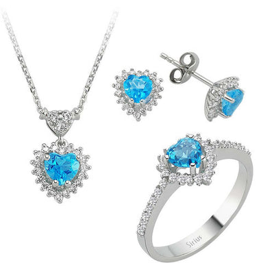 Diamond and heart cut blue topaz jewelry set in 14 K white gold