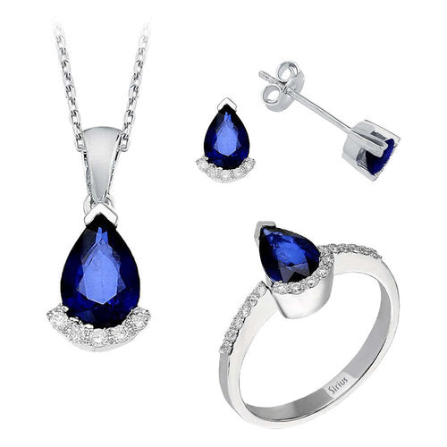 Diamant und Tropfen Saphir Schmuckset in 585er 14 Karat Weißgold