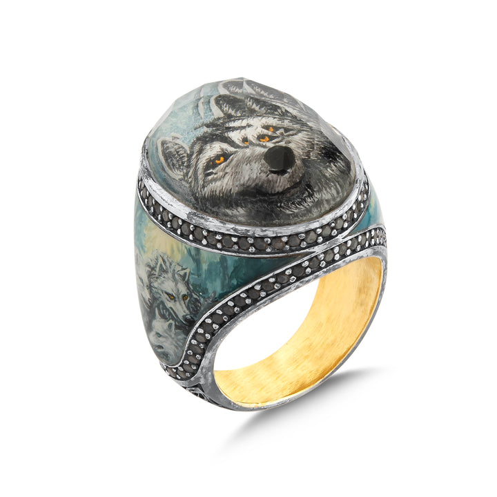 Grauer Wolf Siegelring - handgefertigter Diamantschmuck aus Feingold | Sirius Diamant