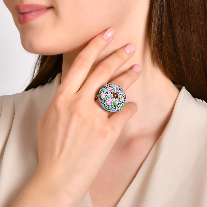 Bague Lotus avec Rubis Peinte à la Main - Or 24K & Émail | Diamant Sirius