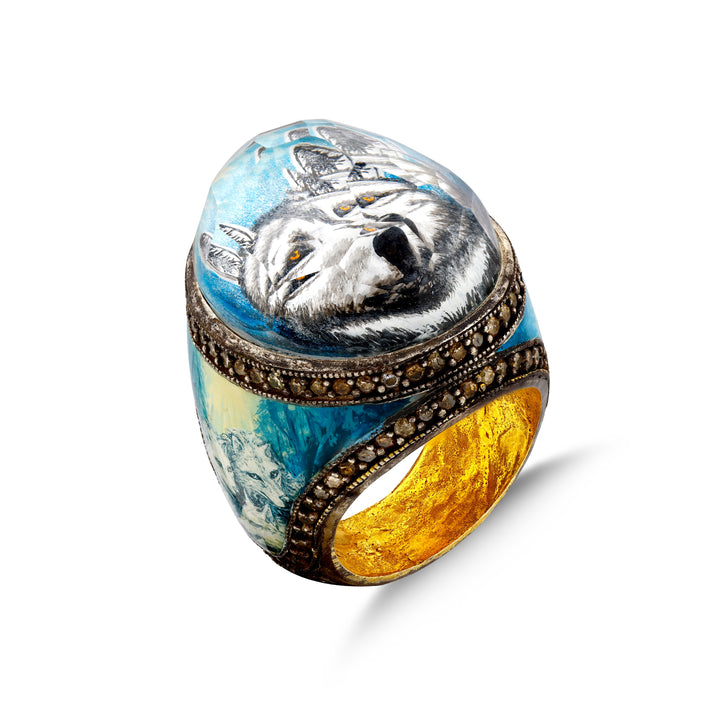 Schwarzer Diamant grauer Wolf Ring - handgefertigter Diamantschmuck aus Feingold | Sirius Diamant