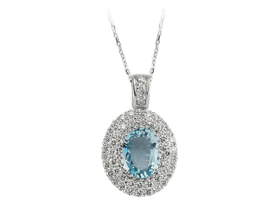 Diamond and oval aquamarine necklace in 14 K white gold