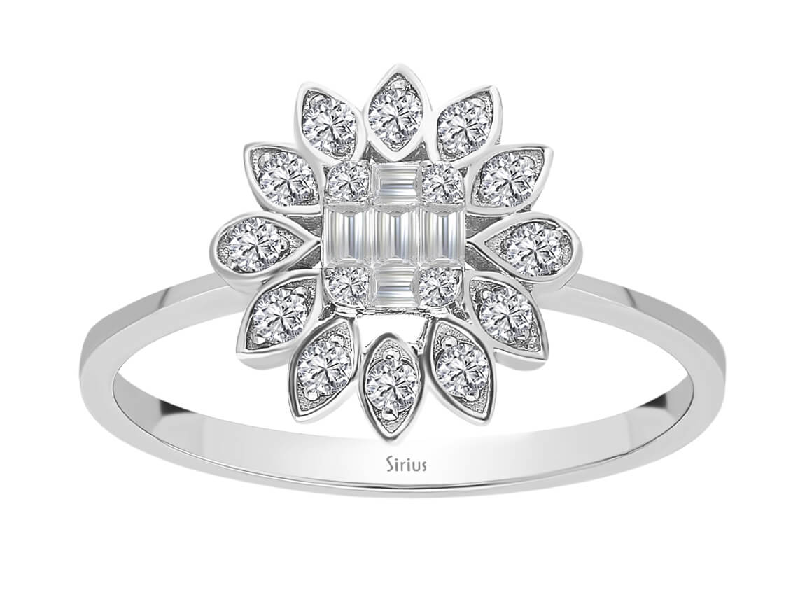 Baguette Diamant Sonnenblume Ring - handgefertigter Diamantschmuck aus Feingold | Sirius Diamant