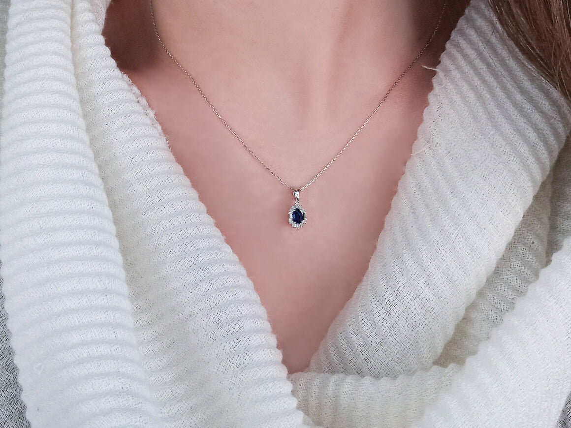Baguette diamond and drop sapphire necklace