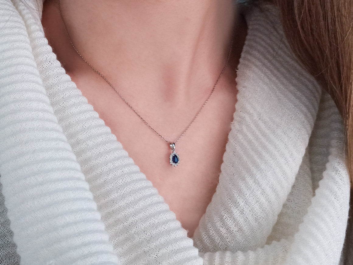 Baguette diamond and drop sapphire necklace