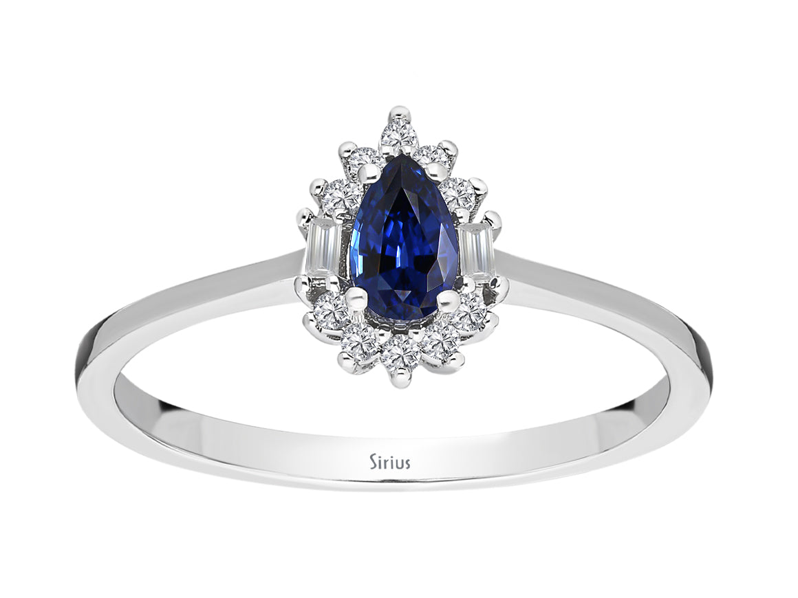Baguette Diamant und Tropfen Saphir Ring - handgefertigter Diamantschmuck aus Feingold | Sirius Diamant