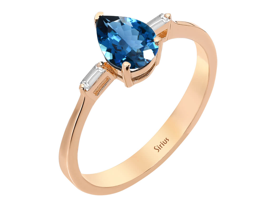 Baguette Diamant und London Blauer Topas Ring - handgefertigter Diamantschmuck aus Feingold | Sirius Diamant