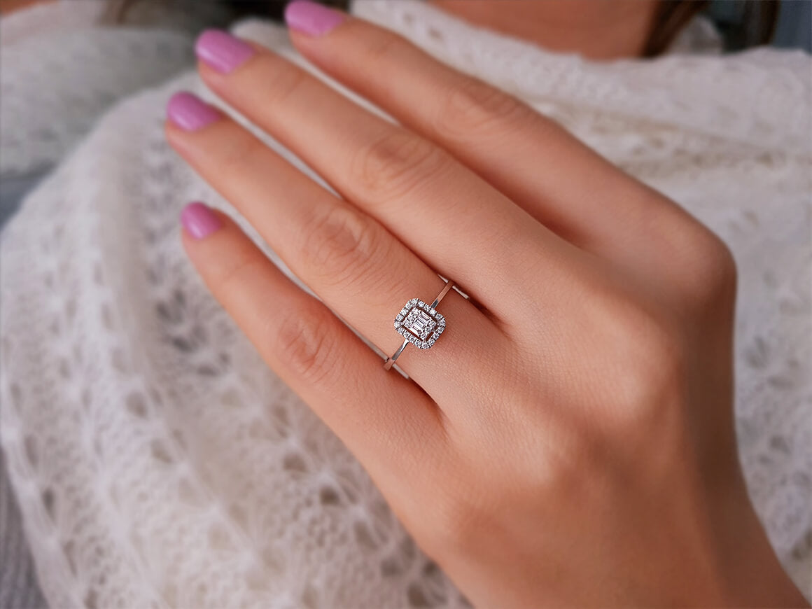 E Farbe 0,14 Carat Baguette Diamant Ring