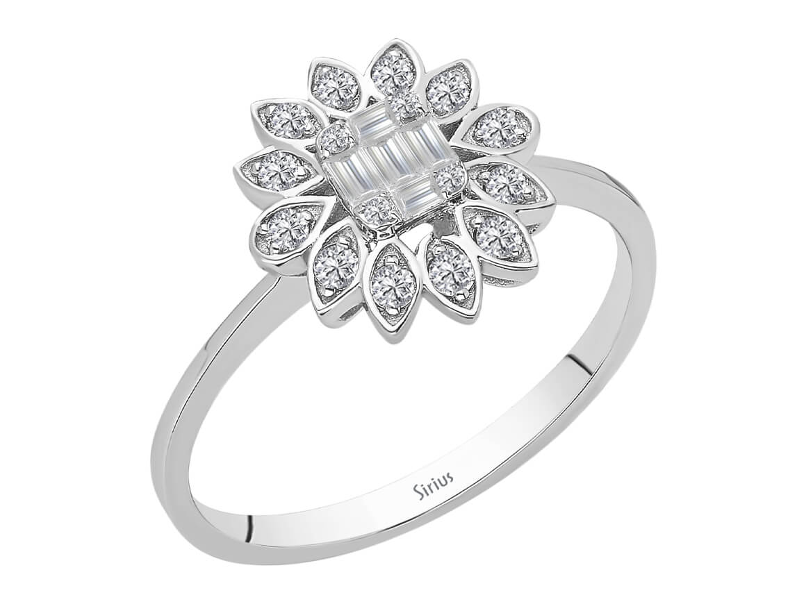 Baguette Diamant Sonnenblume Ring - handgefertigter Diamantschmuck aus Feingold | Sirius Diamant