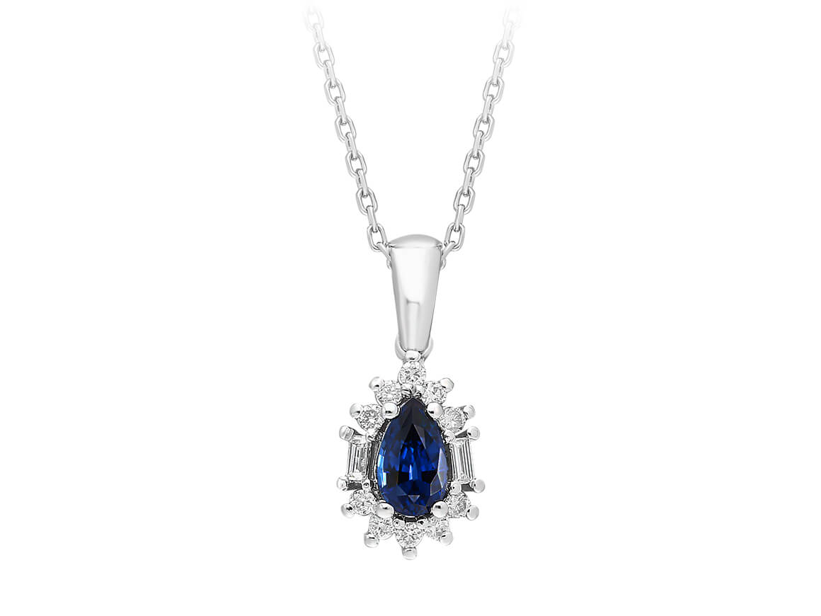 Baguette diamond and drop sapphire necklace