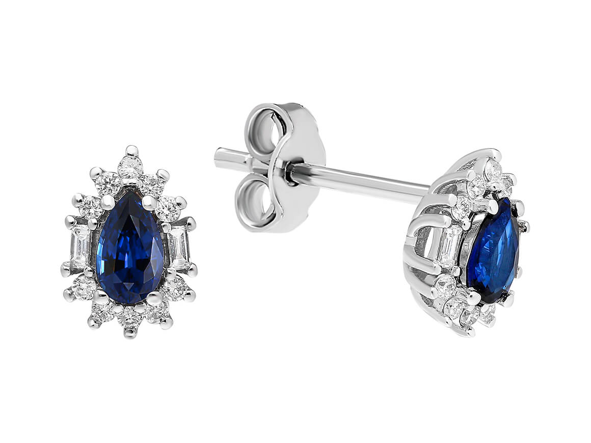 Baguette Diamant und Tropfen Saphir Ohrstecker - handgefertigter Diamantschmuck aus Feingold | Sirius Diamant
