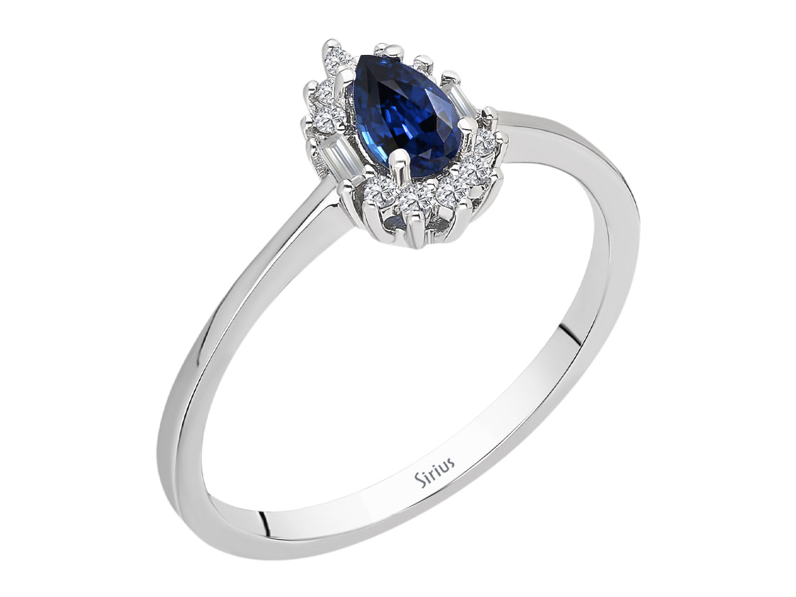 Baguette Diamant und Tropfen Saphir Ring - handgefertigter Diamantschmuck aus Feingold | Sirius Diamant