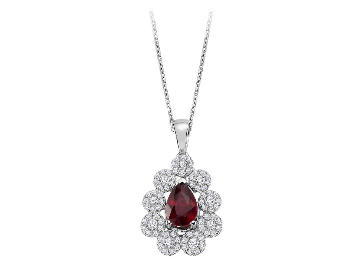 Diamant und Drop Rubin Blumenmotiv Collier in 14 K Weißgold - handgefertigter Diamantschmuck aus Feingold | Sirius Diamant