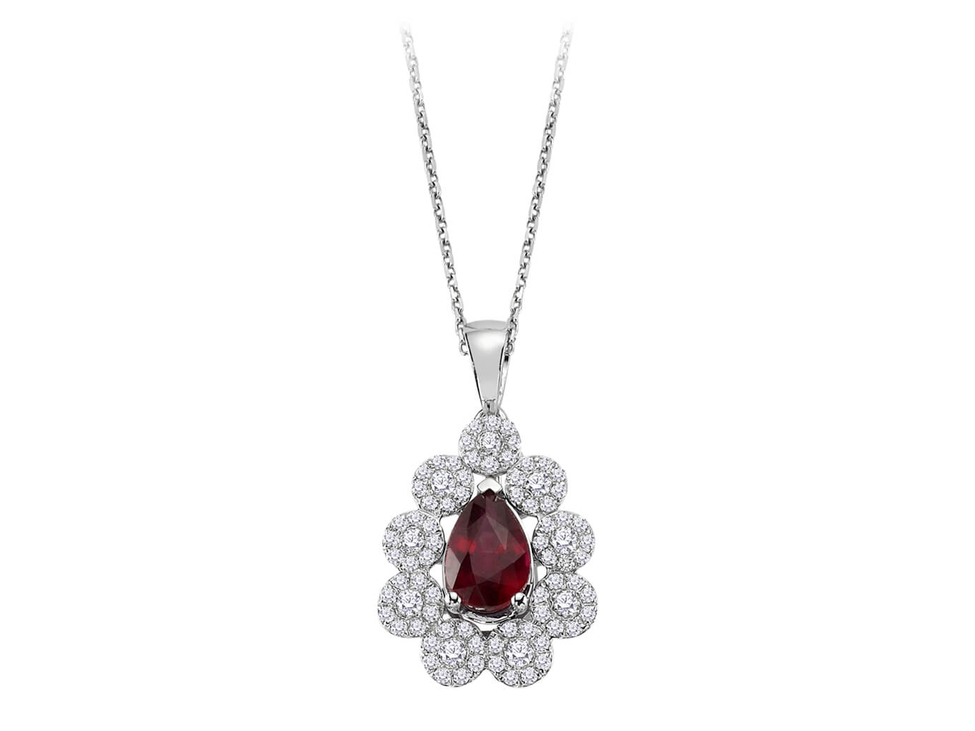 Diamond and drop ruby floral motif necklace in 14 K white gold