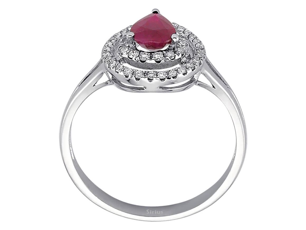 Zwei Reihen Diamant und Tropfen Rubin Ring - handgefertigter Diamantschmuck aus Feingold | Sirius Diamant