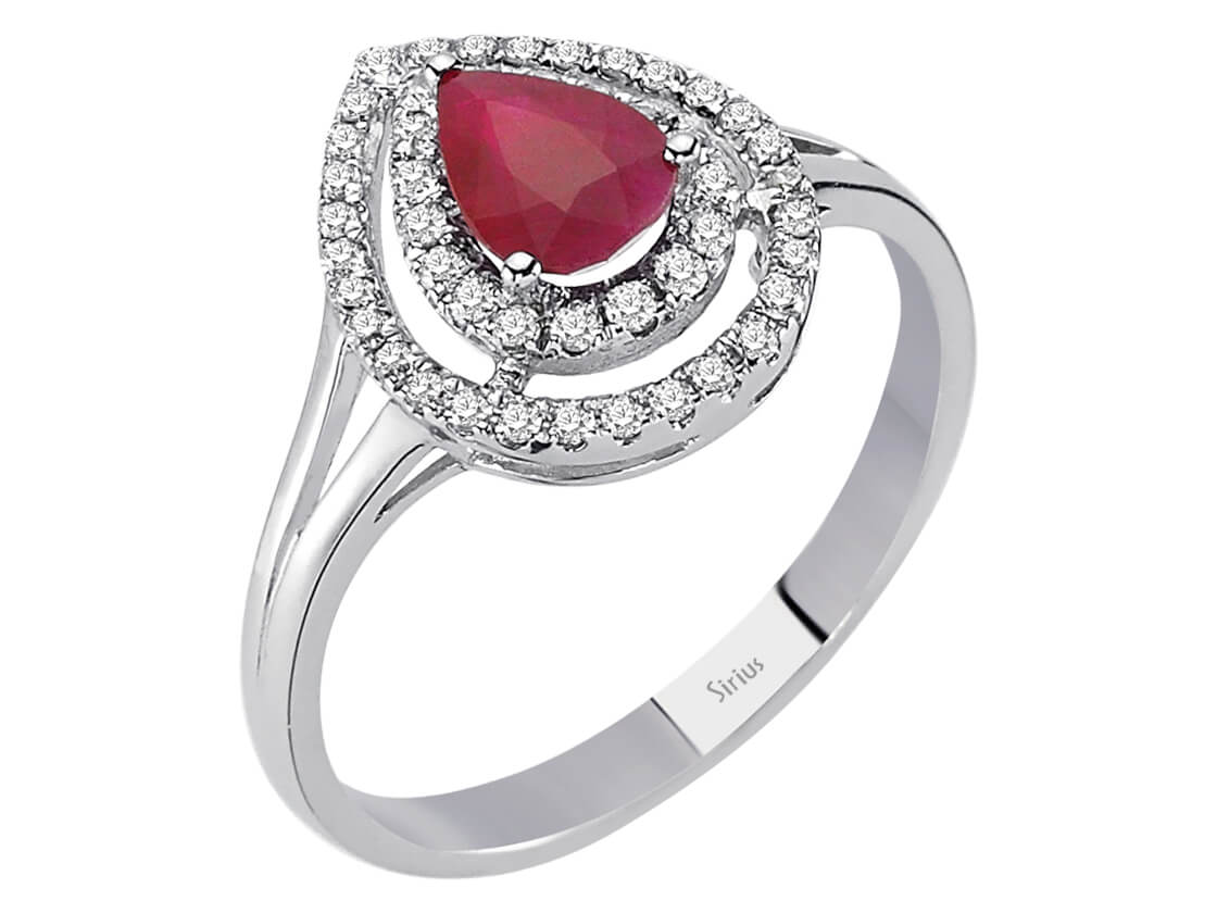 Zwei Reihen Diamant und Tropfen Rubin Ring - handgefertigter Diamantschmuck aus Feingold | Sirius Diamant