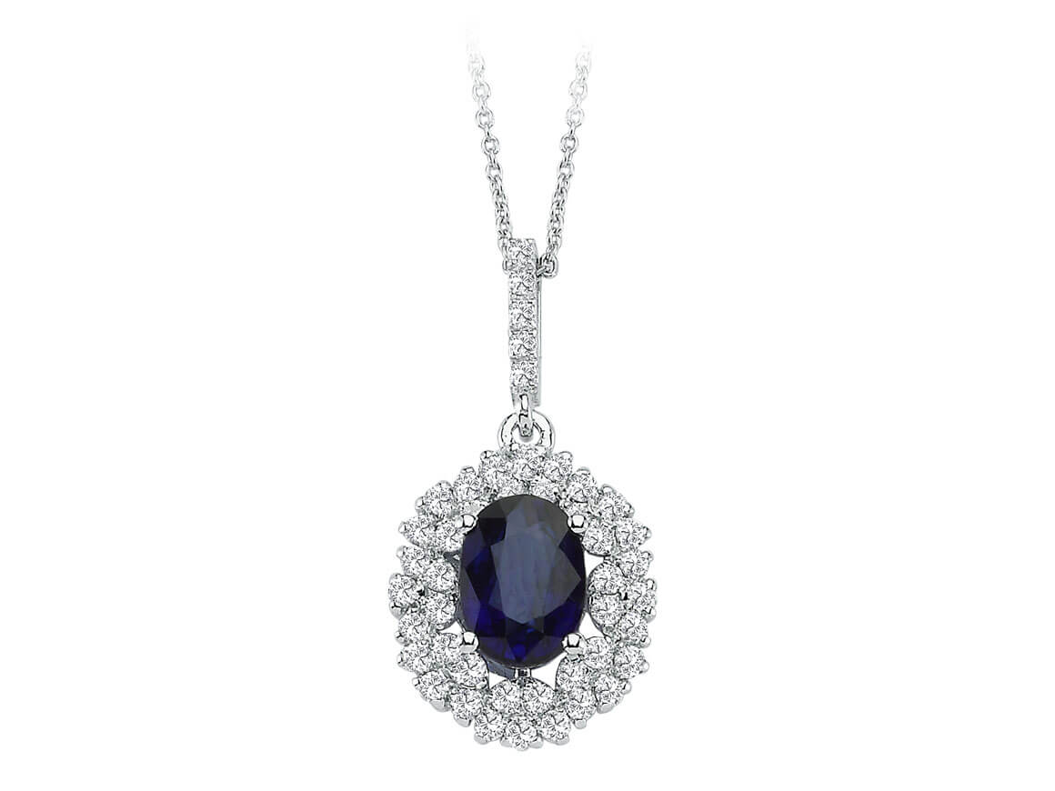 Two-row diamond and oval sapphire necklace