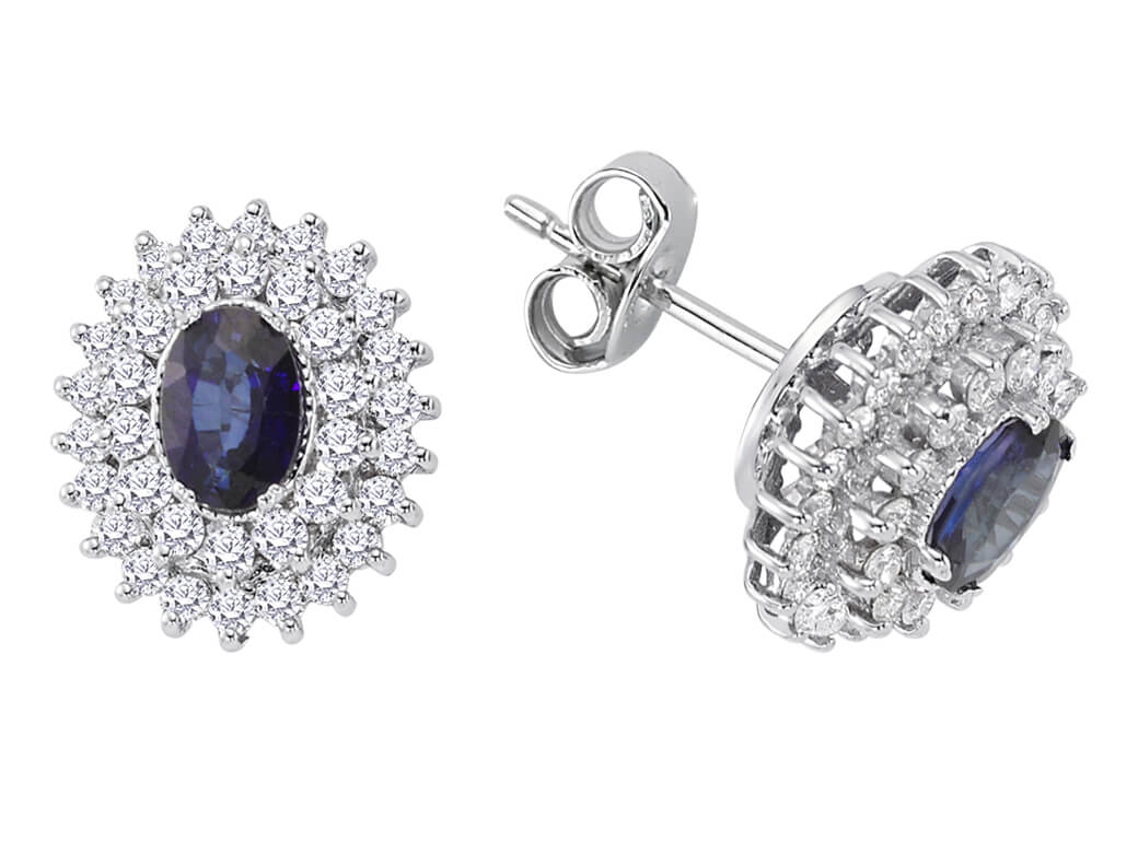 Two-row diamond and oval sapphire stud earrings in 14K white gold