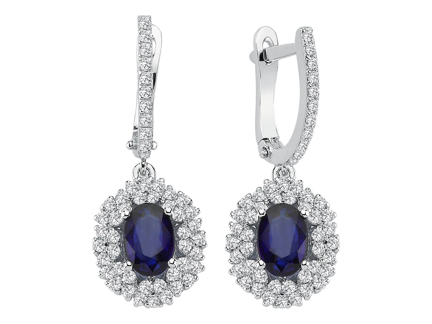 Double row diamond and oval sapphire earrings