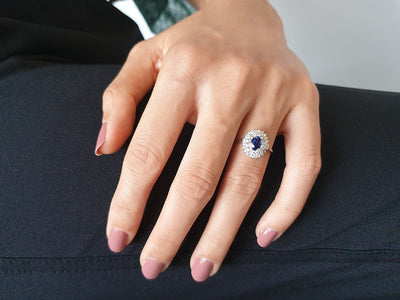 Double Row Diamond and Oval Sapphire Ring