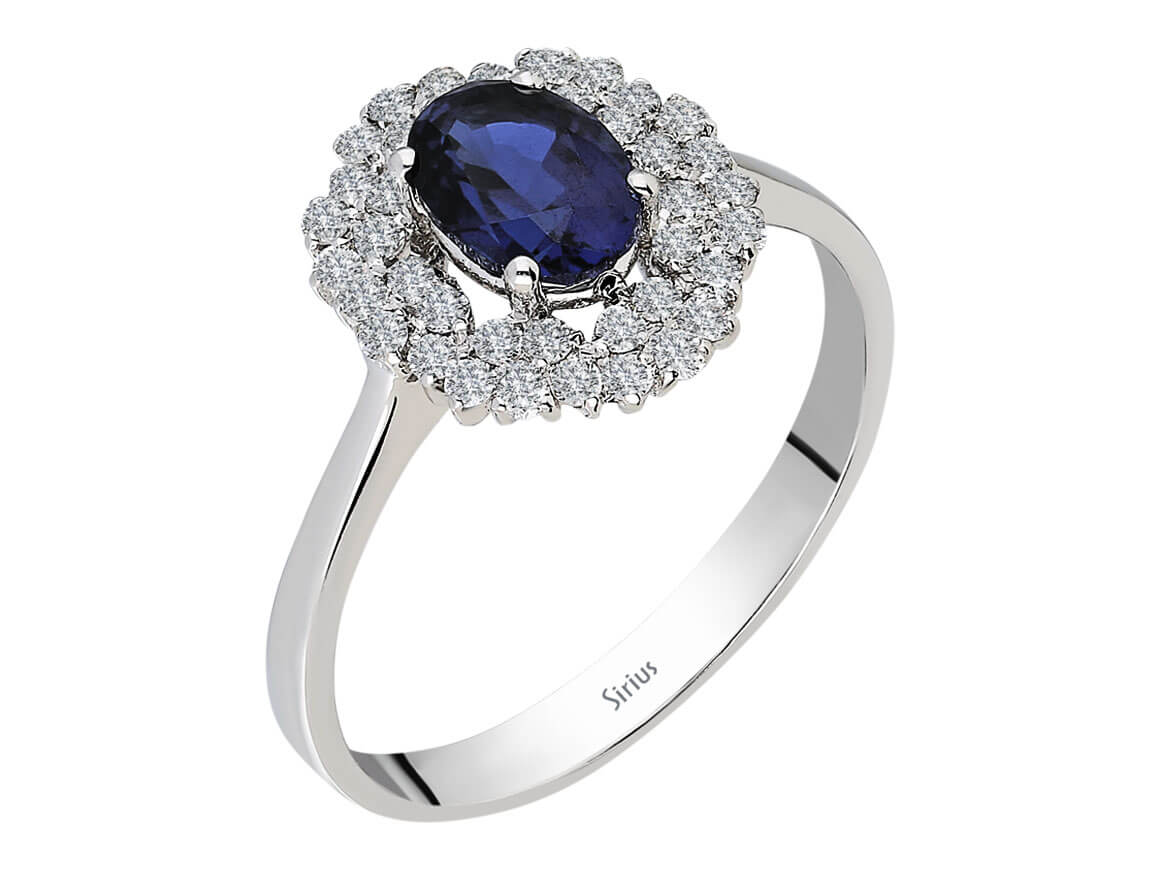 Double row diamond and oval cut sapphire ring