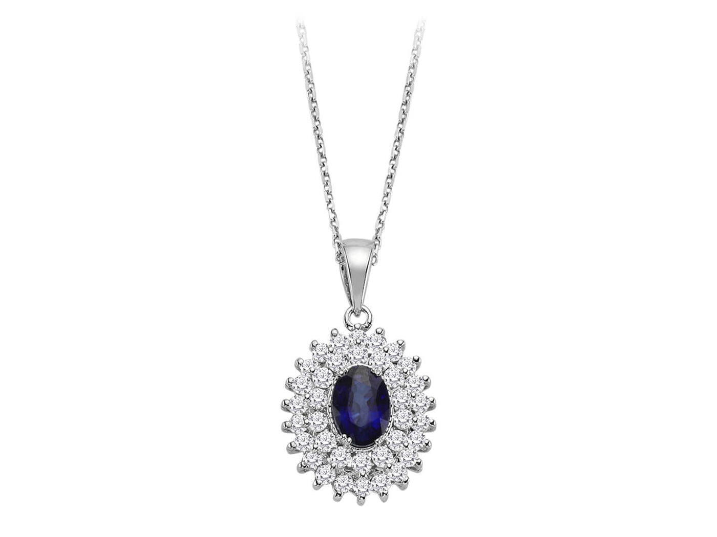 Two-row diamond and oval sapphire necklace in 14 K