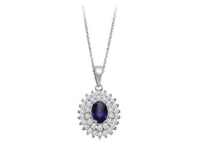 Two-row diamond and oval sapphire necklace in 14 K