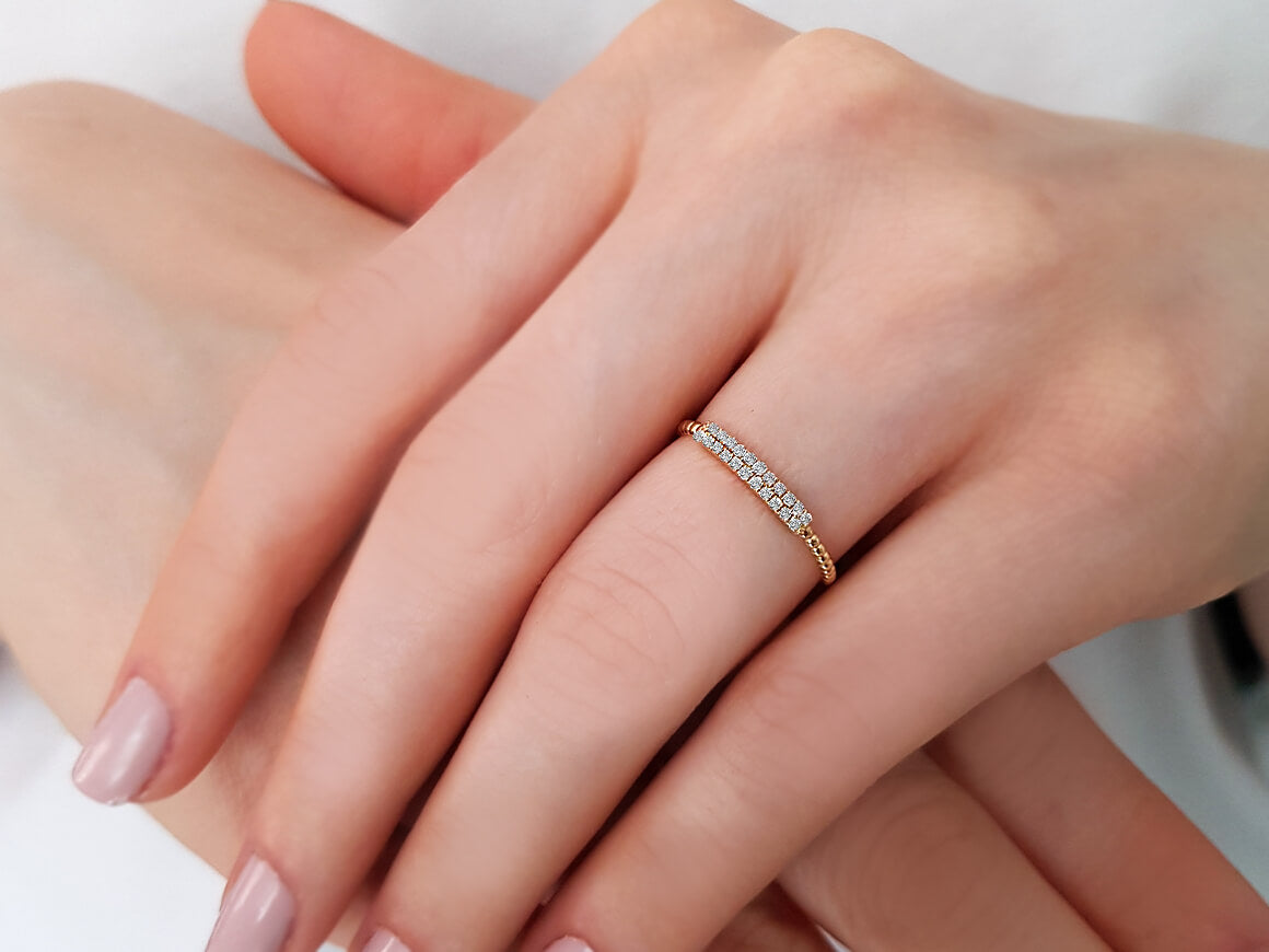 Bague demi-ronde à deux rangs de diamants de 0,11 carat en or jaune 585 14 carats