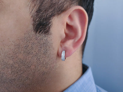 two rows of diamond men's hoop earrings in white gold