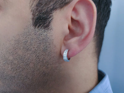 two rows of diamond men's hoop earrings in white gold