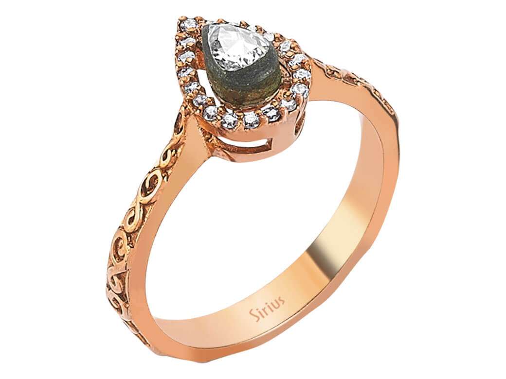 Drop rose-cut diamond ring in 8-carat red gold