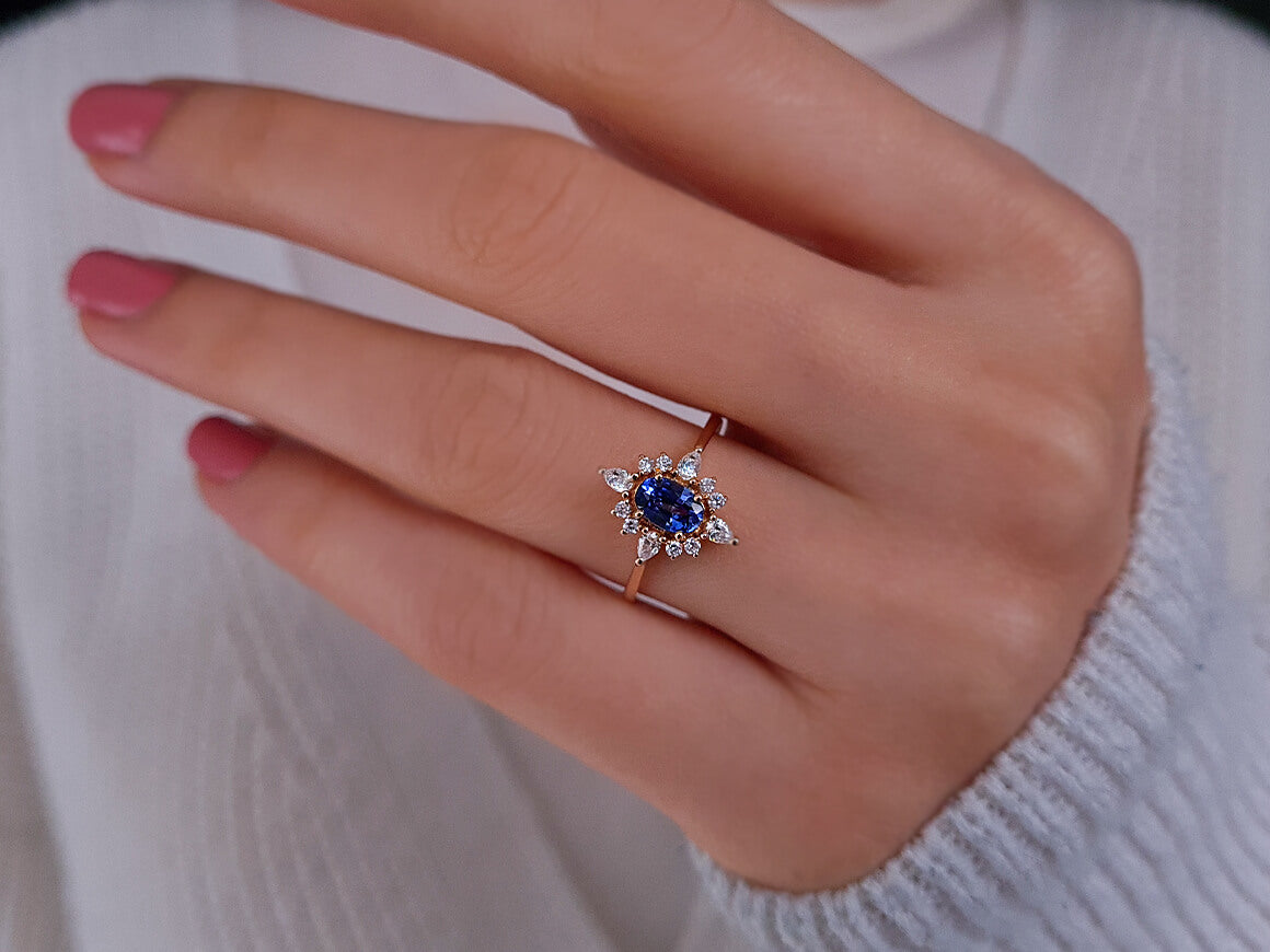 Tropfen Diamant und Oval Saphir Spica Stern Ring
