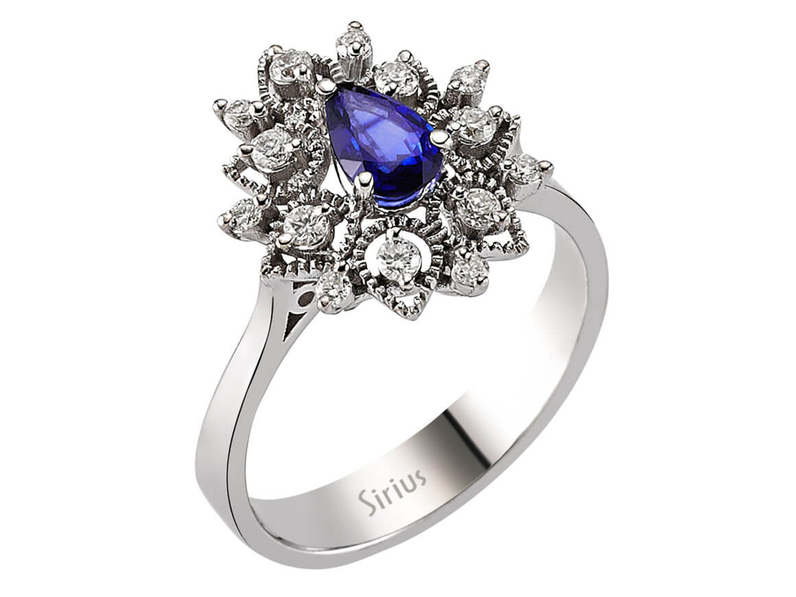 Diamant und Tropfen Saphir Ring - handgefertigter Diamantschmuck aus Feingold | Sirius Diamant