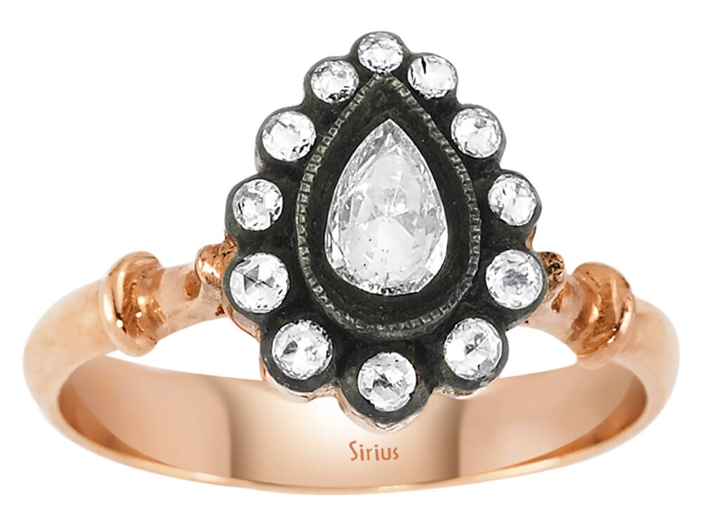 Tropfen- und runder Diamantring - handgefertigter Diamantschmuck aus Feingold | Sirius Diamant