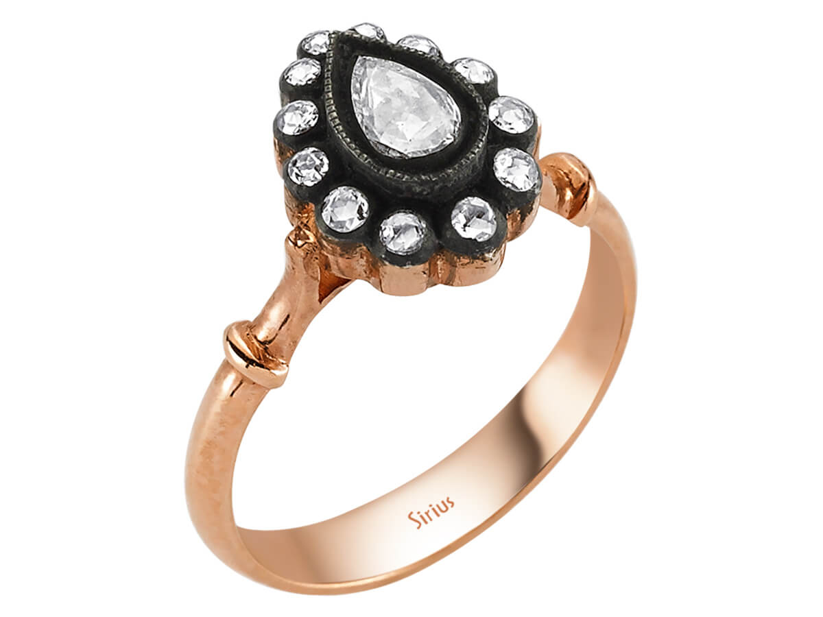 Tropfen- und runder Diamantring - handgefertigter Diamantschmuck aus Feingold | Sirius Diamant