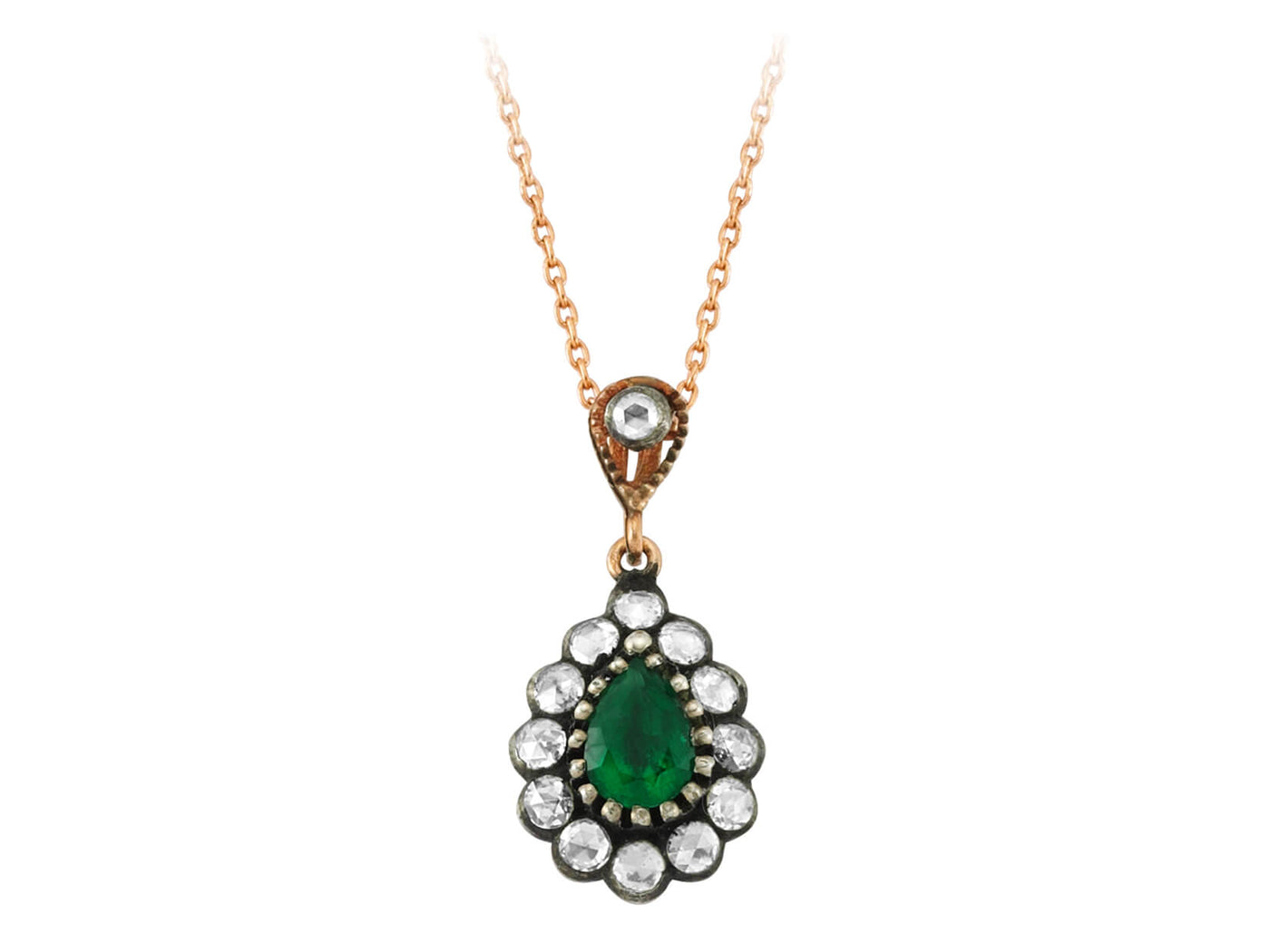 Diamond necklace with teardrop emeralds